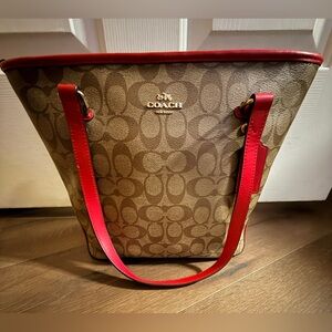 EUC Coach Gallery Tote Bag in Signature canvas with red accents